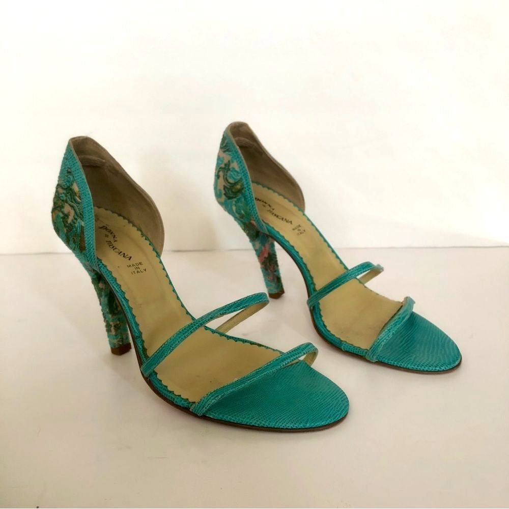 Donna di Toscana Teal Floral Jacquard Strappy Heels Size 9.5 Retro Feminine